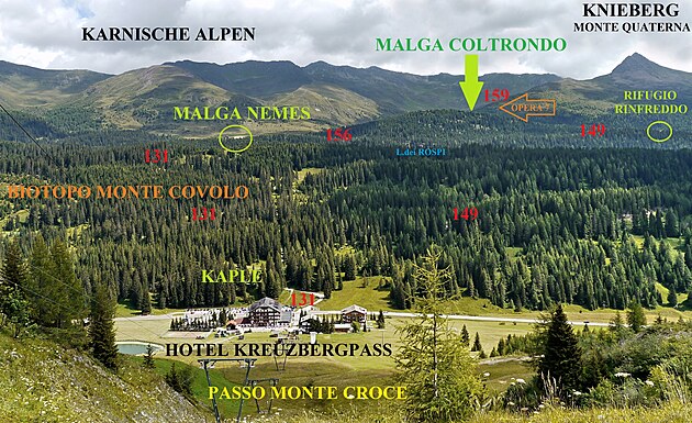 Situační foto Kreuzbergpass/Passo Monte Croce, záběr od řopíku Opera 11 pod Croda Sora i Colesei směrem na Karnské Alpy a Malga Nemes