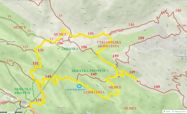 Trasa s vyznačením alternativy sjízdné pro cyklisty s upozorněním na nesjízdné zkratky pro pěší