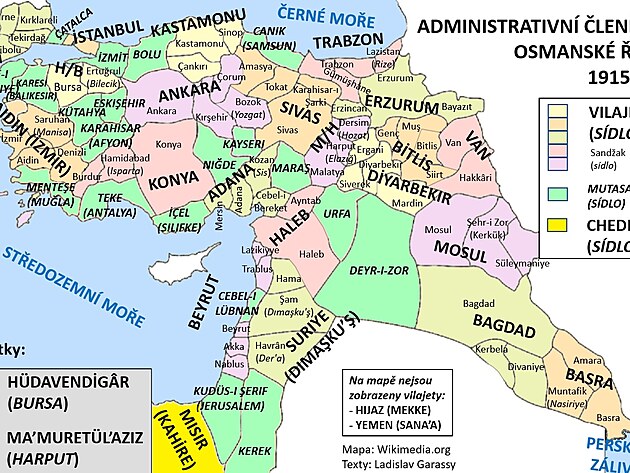 lenn Osmansk e na vilajety (regiony), sandaky (kraje) a mutasarifty (samostatn kraje) v letech 1915-18.