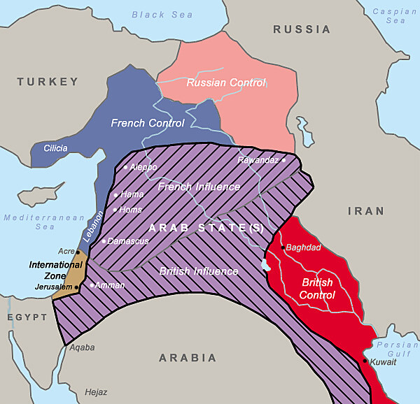Dojednan povlen rozdlen vchodnch oblast Osmansk e mezi Britnii, Francii a Ruskou i podle dohody Sykes-Picot-Sazanov.