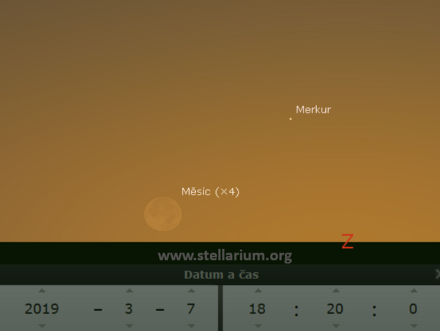 7. 3. 2019 - konjunkce den starho Msce a Merkuru ve veernch ervncch nzko nad zpadnm obzorem.