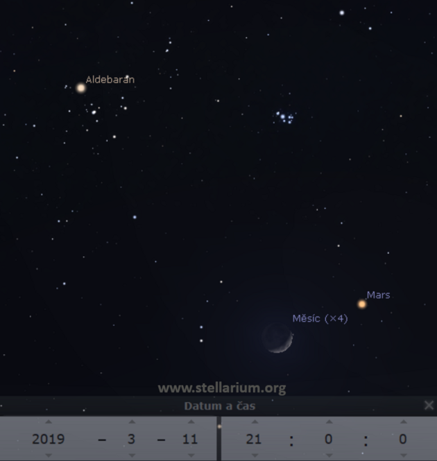 11. 3. 2019 - dorstajc Msc mezi Marsem, Plejdami a Aldebaranem v souhvzd Bka.