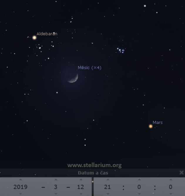12. 3. 2019 - dorstajc Msc mezi Marsem, Plejdami a Aldebaranem v souhvzd Bka.