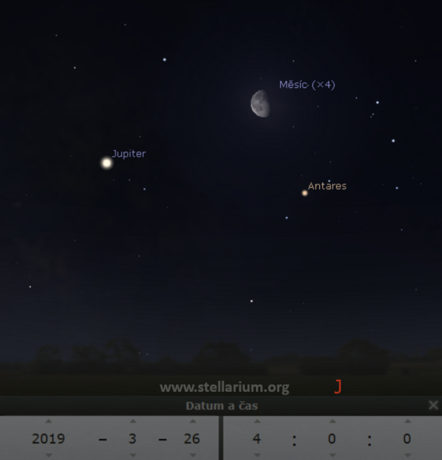 26. 3. 2019 - Msc ve spolenosti Jupiteru a hvzdy Antares ze tra.