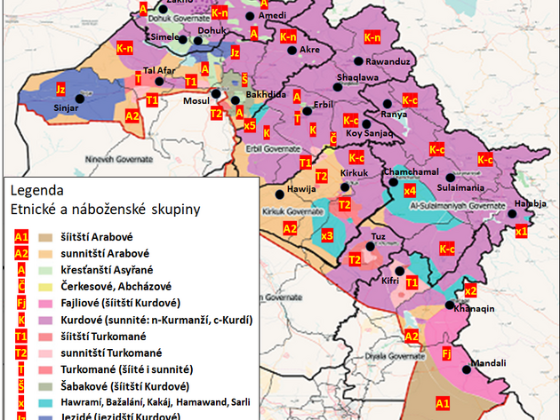Etnicko-nboensko-jazykov mapa irckho Kurdistnu peloen nad mapou irckch provinci (mu?afaah / governorate) a oblast (kaza / district).
