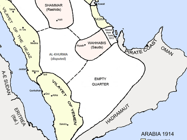 Arabsk poloostrov tsn ped rozpadem Osmansk e: vilajety Hidz a Jemen na zpad a Basra na vchod. Samostatn emirty Nedd (Sadov), ammar (Radov) a al-Churma ve vnitrozem. Britsk protektorty na jihu: Pirtsk pobe, Omn a Hadramaut.