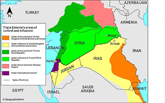Mapa Sykes-Picotovy dohody o rozdlen vchodnch st Osmansk e. Tmav zelen je francouzsk st Kurdistnu (V), armnsk stt v Cilcii pod francouzskou ochranou (Z), zem alavitskch Turkoman (S) a kesansk Libanon a arabsk Alawitsko (J).