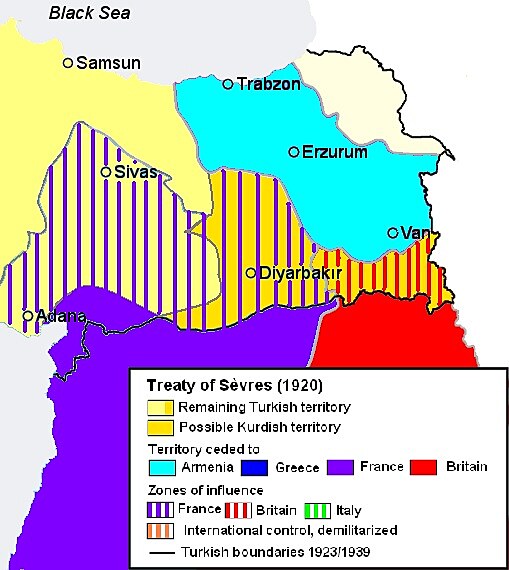 Kurdistn podle smlouvy ze Svres (oranov), rozdlen mezi francouzskou ochranu (oranov s modrou raf) a britskou ochranu (oranov s ervenou raf). lut je Turecko, bled modr Armnie, tmav modr francouzsk Srie a erven britsk Mosul.