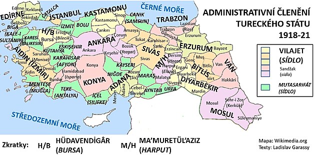 Administrativn lenn Osmansk e na vilajety (regiony), sandaky (kraje) a mutasarifty (samostatn kraje) po prohran prvn svtov vlce, v letech 1918-21.