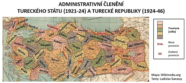 Administrativn lenn Tureckho sttu na provincie po stav z roku 1921 a Tureck republiky po stav z roku 1924.