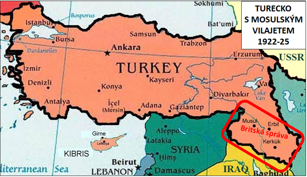Hranice Turecka po mrovch smlouvch s eckem, Franci a Armni a bhem konference v Lausanne, podle vnmn tureck strany, vetn Mosulskho vilajetu pod "britskou okupac", ale jet bez sandaku Alexandretta.