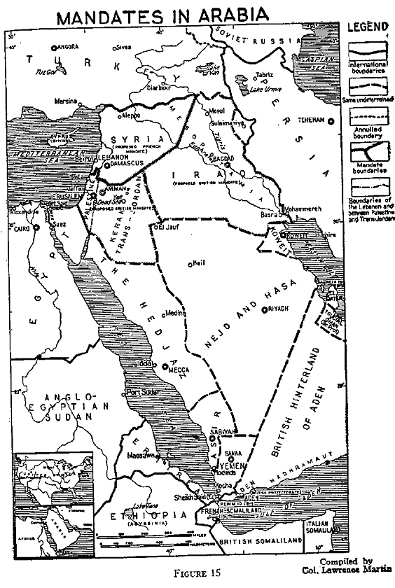 Arabsk poloostrov mezi obsazenm emirtu ammar (1921) a krlovstv Hidz (1925). Himovsk krlovstv Irk a Hidz a emirt Zajordnsko, sadsk sultant Nedd a Hasa, idrsovsk emirt Asr, zajdsk imamt Jemen a britsk jin Jemen.