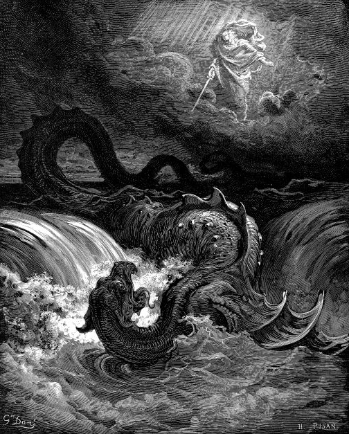 Znien Leviatana  rytina Gustave Dor z roku 1865 (voln dlo)