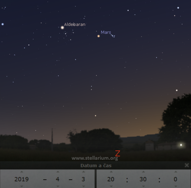 3. 4. 2019 - Mars v souhvzd Bka (Aldebaran, Hydy, Plejdy).