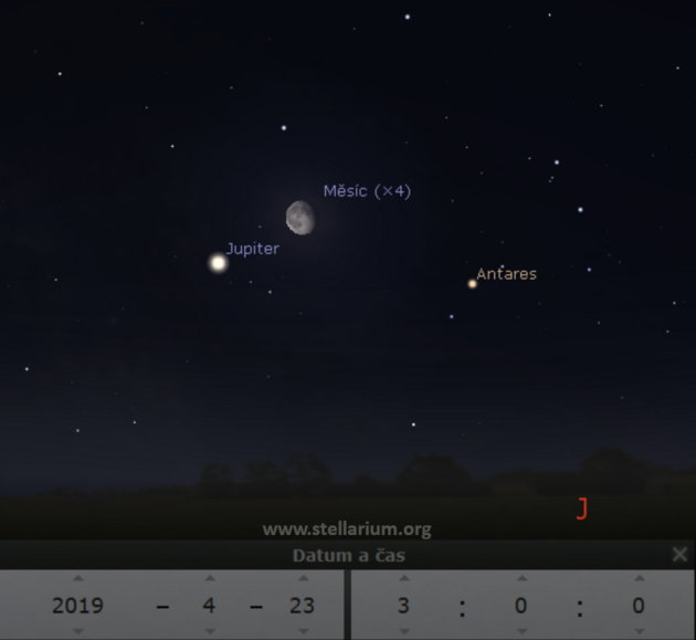 23. 4. 2019 - Msc v blzkosti Jupiteru a hvzdy Antares ze souhvzd tra.