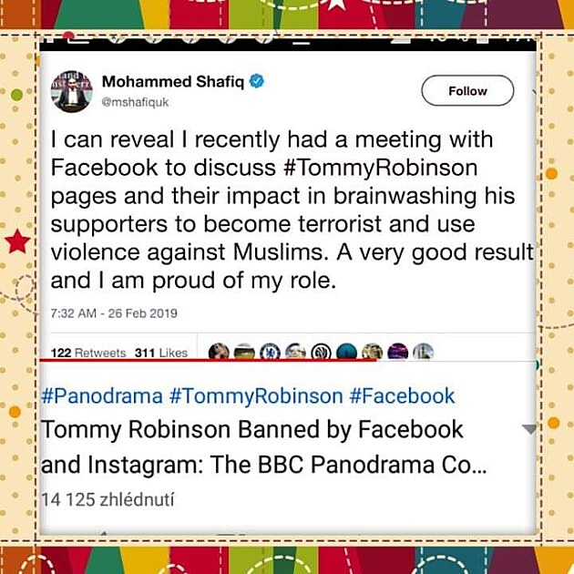 Islamista Mohammed Shafiq se veejn chlub ve svm tweetu, e ml schzku s facebookem aby vymazali Tommy Robinsona