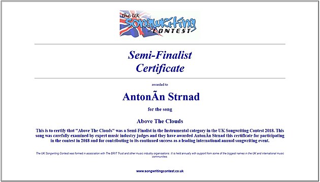 Certifikt semifinalisty Antonna Strnada (patnou gramatiku administrativ odpustme)