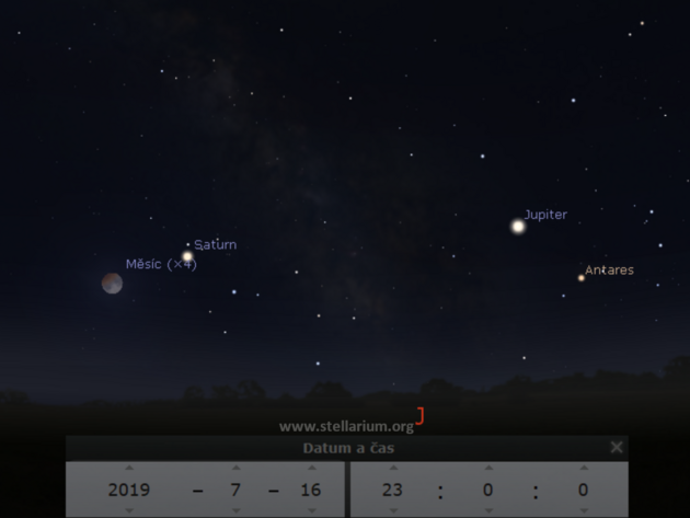 Bhem stenho zatmn Msce 16. / 17. 7. 2019 budou na obloze vrazn planety Saturn a Jupiter, a tak oranov hvzda Antares ze tra.