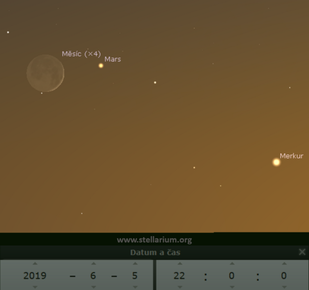 5. 6. 2019 - Msc v blzkosti Marsu a Merkuru veer nad severozpadnm obzorem.