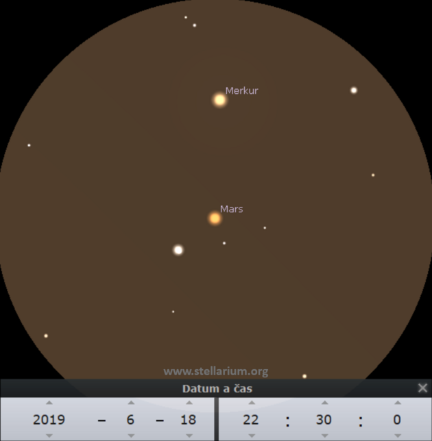 18. 6. 2019 - Merkur a Mars spolen v dalekohledu (simulace odpovd stonsobnmu zvten a zornmu poli 0,7).