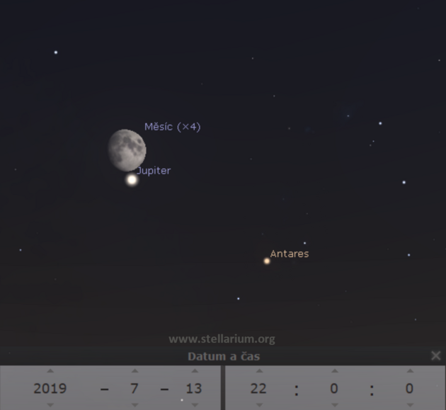 13. 7. 2019 - konjunkce Msce s Jupiterem se odehrv nedaleko nejjasnj hvzdy souhvzd tra.