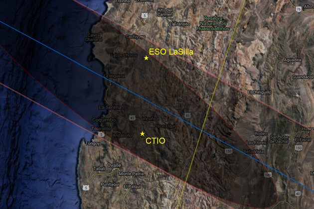 2. 7. 2019 - Poloha observato ESO La Silla a CTIO vyznaen na map sti psu totality v Jin Americe.
