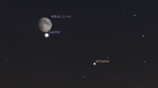 13. 7. 2019 - konjunkce Msce s Jupiterem se odehrv nedaleko nejjasnj hvzdy souhvzd tra.