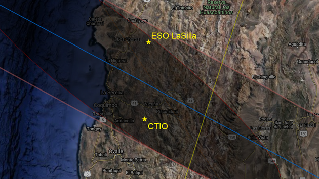 2. 7. 2019 - Poloha observato ESO La Silla a CTIO vyznaen na map sti psu totality v Jin Americe.