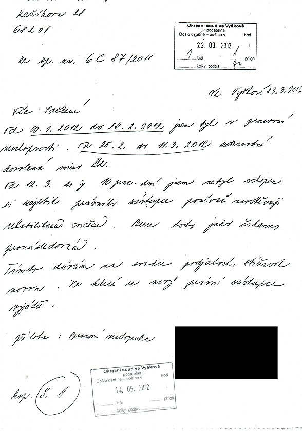 Sdlen pro Okresn soud ve Vykov  ze dne 23. 3. 2012