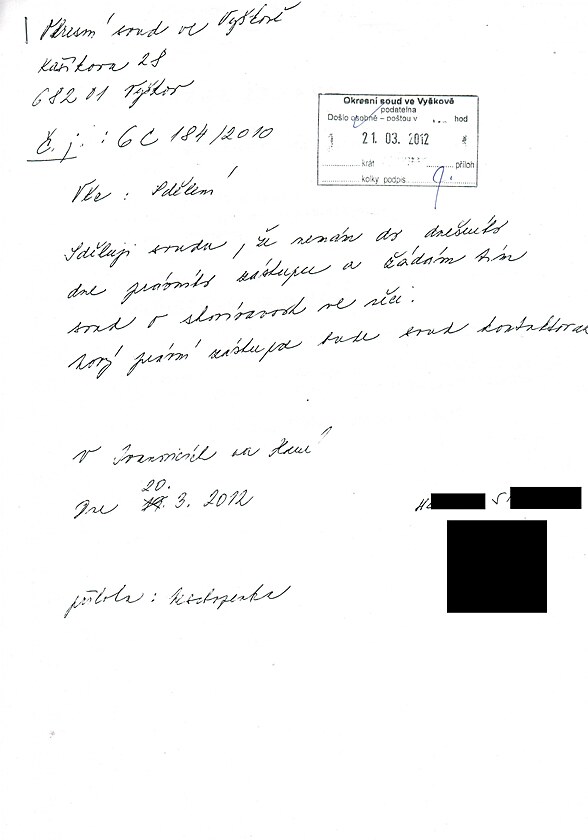 Sdlen pro Okresn soud ve Vykov  ze dne 20. 2. 2012
