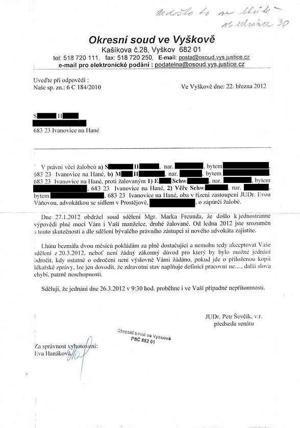 Okresn soud ve Vykov: Ze dne 22. 3. 2012  pro M. H-XXX / S. H- XXX (6 C 184 / 2010) - nedolo ve lht