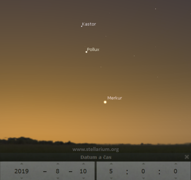 10. 8. 2019 - Merkur v nejvt zpadn elongaci rno na severovchod spolu s hvzdami Kastor a Pollux ze souhvzd Blenc.