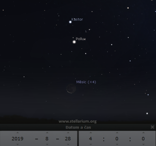 28. 8. 2019 - Msc u Blenc na rann obloze. Konjunkce s Polluxem nastv veer ped tm pod nam obzorem.