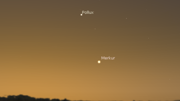 10. 8. 2019 - Merkur v nejvt zpadn elongaci rno na severovchod spolu s hvzdami Kastor a Pollux ze souhvzd Blenc.