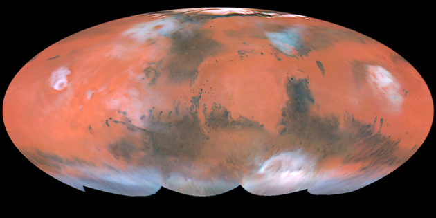 Mars z Hubbleova dalekohledu [https://commons.wikimedia.org/wiki/File:Mars_HST_Mollweide_map_1999.png, https://upload.wikimedia.org/wikipedia/commons/d/da/Mars_HST_Mollweide_map_1999.png, NASA. [Public domain]]