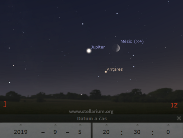 5. 9. 2019 - seskupen Msce, Jupiteru a hvzdy Antares ze souhvzd tra.