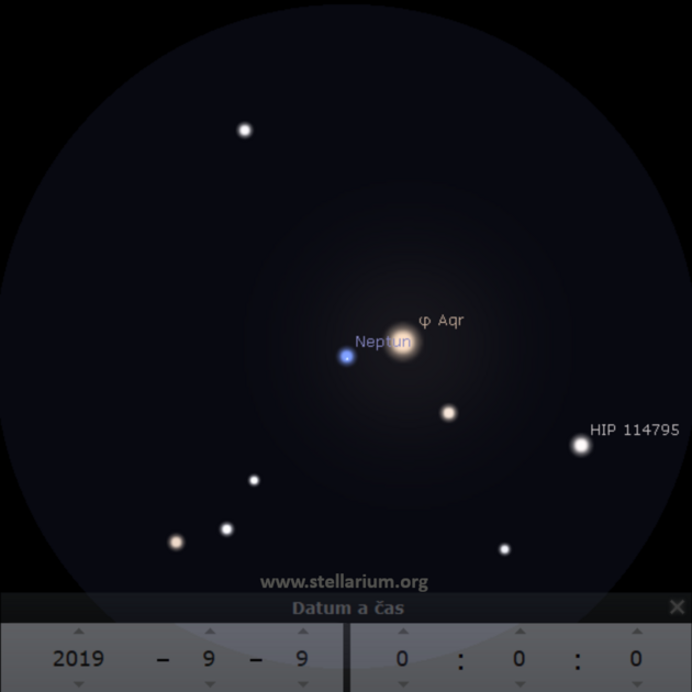 9. 9. 2019 - Neptun se nachz v tsn blzkosti oima viditeln hvzdy f Vodne. Takto by to mlo vypadat v dalekohledu se stonsobnm zvtenm.