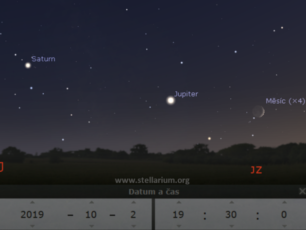 2. 10. 2019 - dorstajc Msc spolu s Jupiterem a Saturnem na veern obloze.