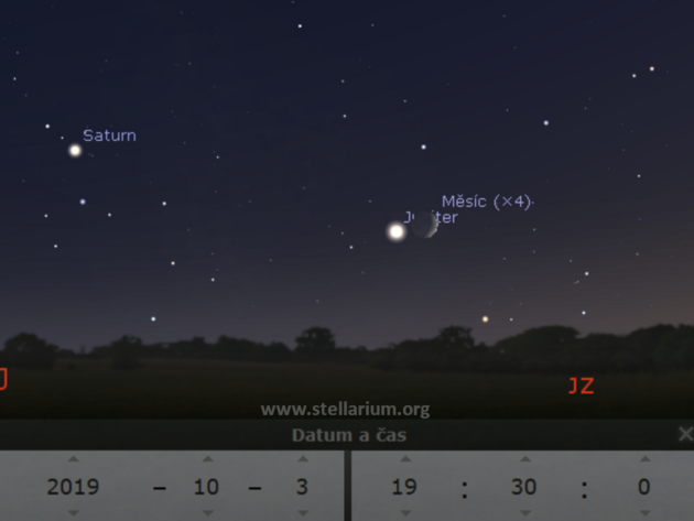 3. 10. 2019 - dorstajc Msc spolu s Jupiterem a Saturnem na veern obloze.