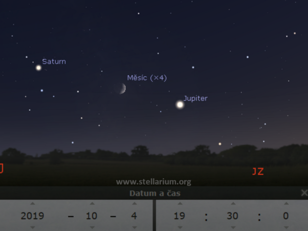 4. 10. 2019 - dorstajc Msc spolu s Jupiterem a Saturnem na veern obloze.