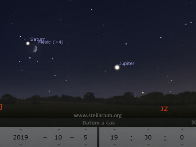 5. 10. 2019 - dorstajc Msc spolu s Jupiterem a Saturnem na veern obloze.