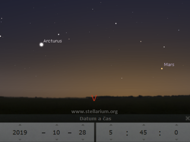 28. 10. 2019 - Mars objevujc se koncem jna rno na vchod spolus hvzdou Arcturus ze souhvzd Paste.