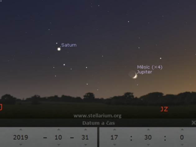 31. 10. 2019 - na konci jna se srpek Msce opt vrac k Jupiteru a Saturnu.