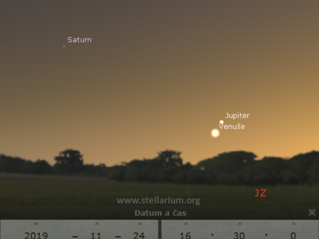 24. 11. 2019 - konjunkce Venue a Jupiteru pozorovateln spolu se Saturnem za veernho soumraku.