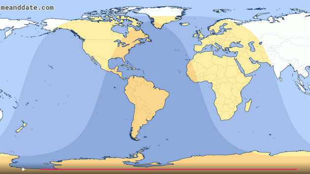 11. 11. 2019 - mapa viditelnosti tranzitu Merkuru - lut jsou vyznaen oblasti, z nich je pozorovateln alespo st kazu, okrovou barvu maj msta, kde lze vidt cel pechod Merkuru.