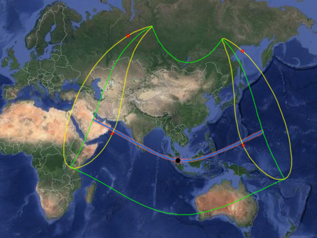 26. 12. 2019 - prstencov zatmn Slunce; mapa vyznaujc zem, z nj je zatmn pozorovateln.