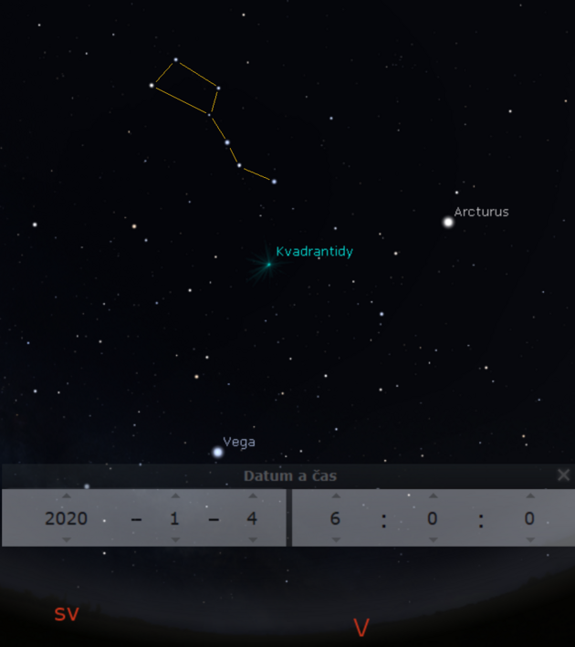 4. 1. 2020 - radiant meteorickho roje Kvadrantid je v oblasti, kde bvalo souhvzd Zednho kvadrantu. Dnes le v Pasti, nedaleko oje Velkho vozu.