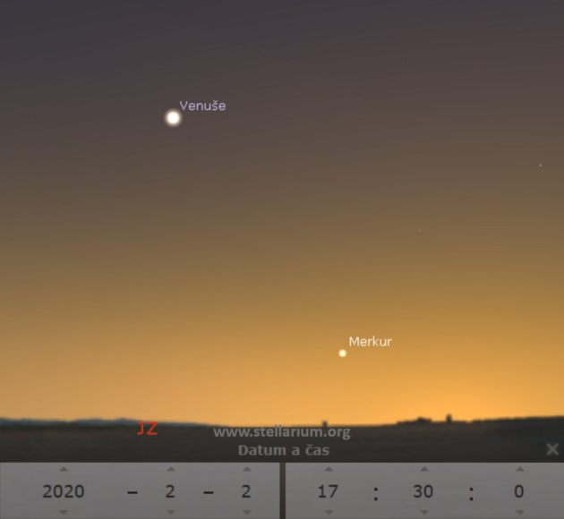 2. 2. 2020 - spolu s Venu meme v prvn polovin nora pozorovat veer na jihozpad planetu Merkur.