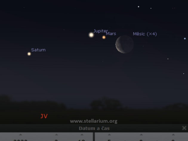 18. 3. 2020 - Msc v blzkosti Marsu, Jupiteru a Saturnu rno na jihovchod.