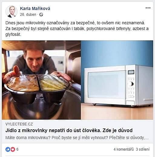 Z Facebooku Karly Makov o kodlivosti mikrovlnnch trub.